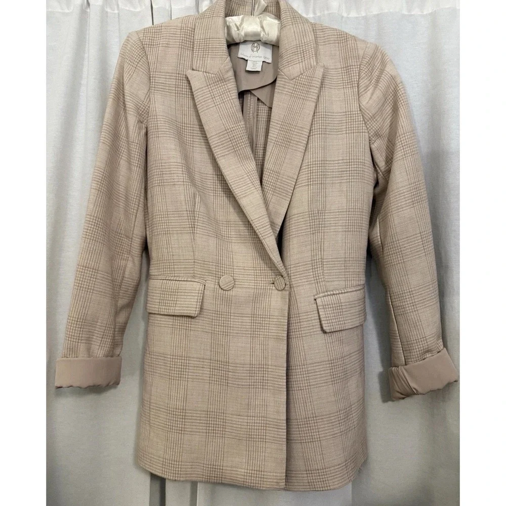 House Of Harlow Boss  Women Blazer S Beige Plaid Double Breasted Jacket Formal